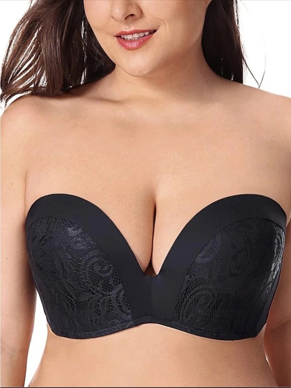 DELIMIRA Women's Strapless Bra Plunge Push Up Size 40E Lace Black NWT